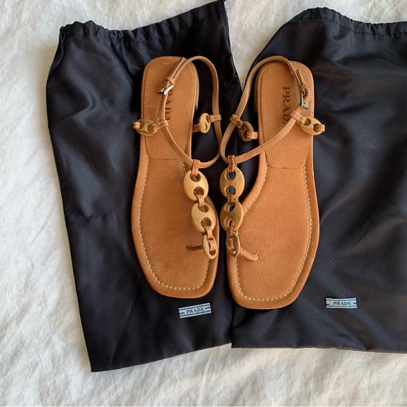 Vintage Prada Wood Leather Thong Square Toe Sandals Tan Brown - Picture 7 of 7